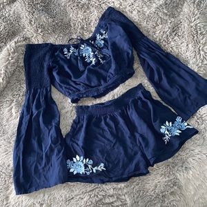 Pacsun Lottie Moss Navy Blue Floral Shirt and Shorts Set
